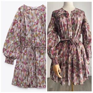ZARA WOVEN BELTED PRINTED DRESS